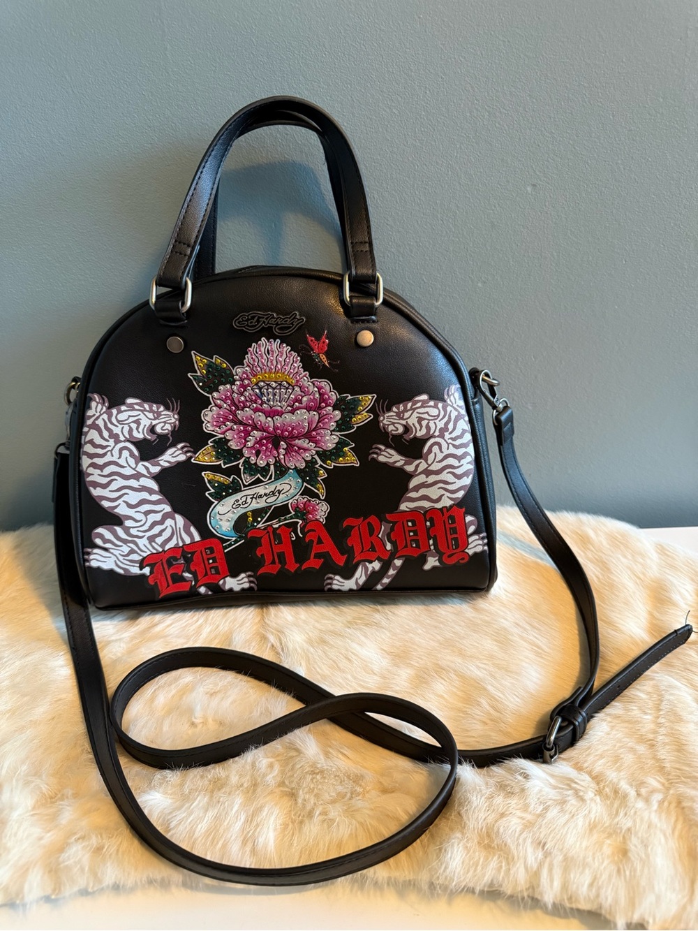 Ed Hardy Black Floral Tiger Dome Satchel